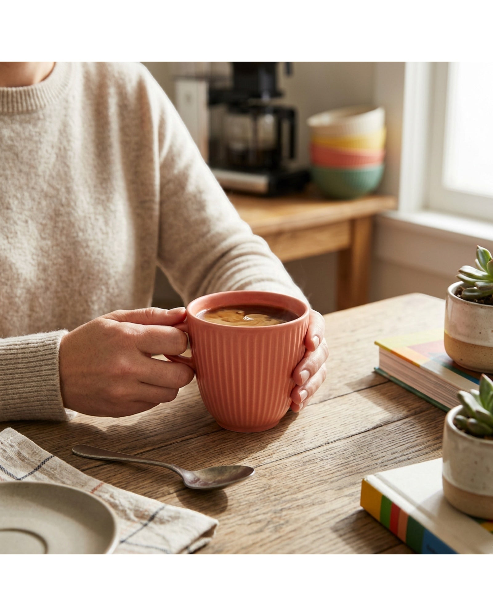 Matchl Ribbed Ceramic Cup 360 ml Muted Coral - Lifestyle view